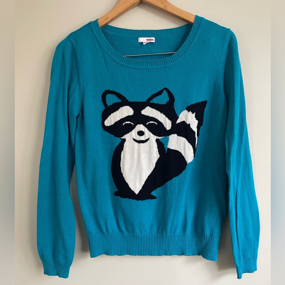 Bongo Long Sleeve Women’s‎ Sweater Raccoon Teal Blue Large Pullover